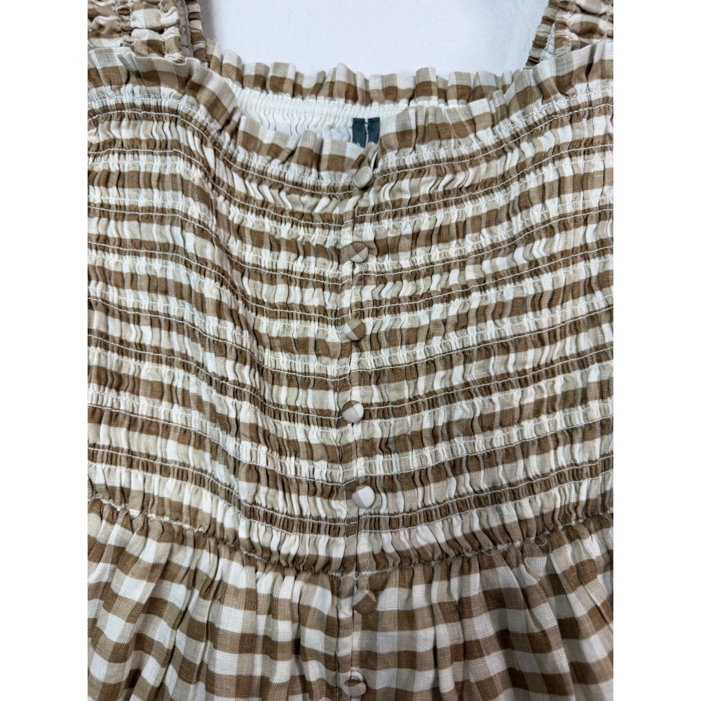 Anthropologie Brown Gingham Smocked Mini Dress Ruffle Button Front Cottagecore M - Picture 6 of 7